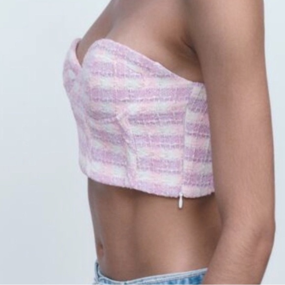 ZARA NWT Tweed Plaid Bustier Corset Crop Top Colorful Pink Purple Size Medium - Picture 6 of 10